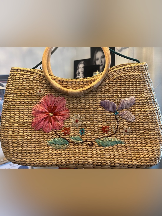 Handbags - Vintage 70s Straw Woven Tote | Floral + Butterfly Deco-Bamboo Handles | Boho Bag